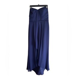 David’s Bridal navy strapless dress with high-low hem
